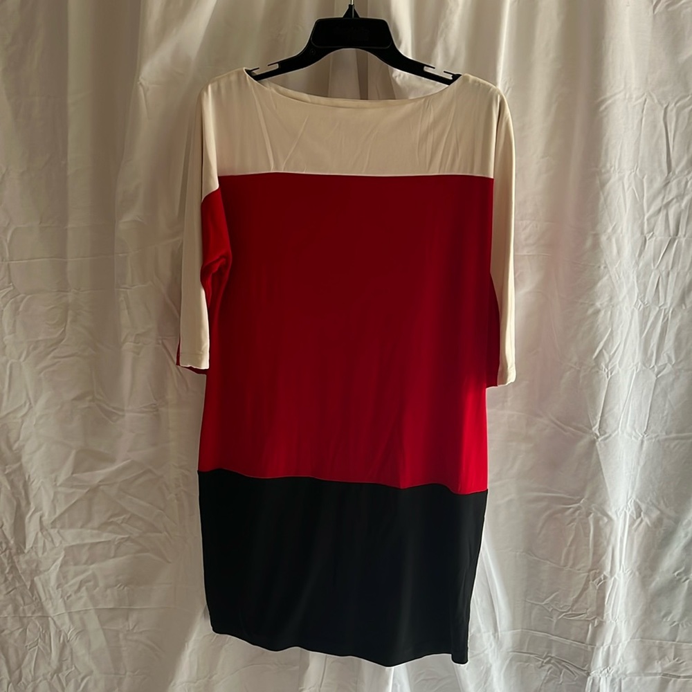 Black, red & cream color block dress